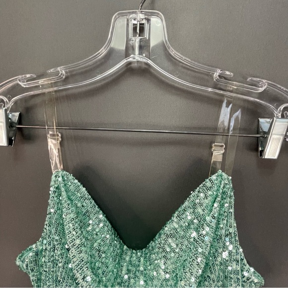 BEBE mint colour sequin slip dress draped midi with clear straps clubbing mini - Picture 8 of 12